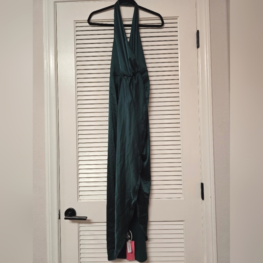 SHEIN - (NWT) Belle Green Satin Halterneck Long Lightweight Dress With Leg Slit